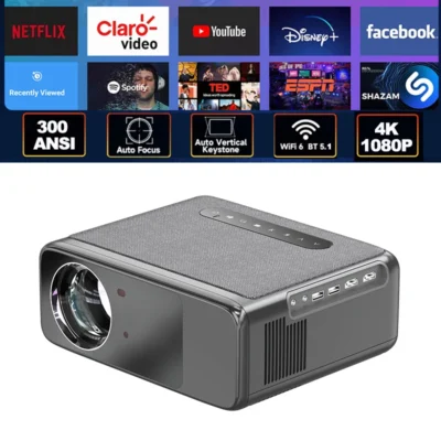 Projetor Full HD 1080P 4K 300 ANSI Android WiFi 6 Projetores de home theater com foco automático para vídeo de reuniões de filmes