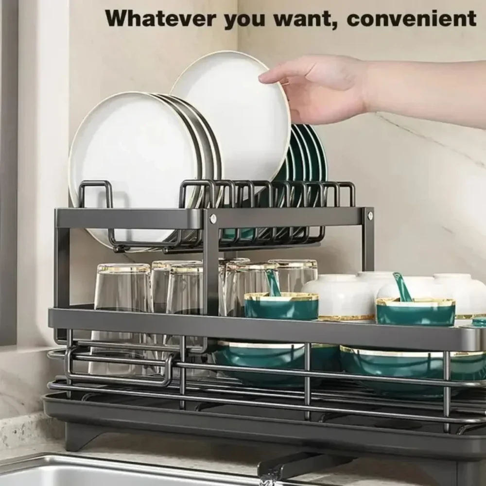 Rack de tigela-escorredor de pratos de 2 camadas, armazenamento ajustável, economizador de espaço, organizador de utensílio de cozinha para pratos, copos, talheres - Imagem 3