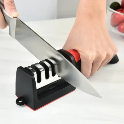 Afiador de facas doméstico para cozinha, multifuncional, manual, 3 propósitos, pedra de afiação preta, 4 segmentos