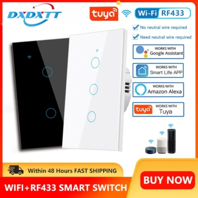 Tuya interruptores inteligentes eua rf433 1/2/3 gang sem fio neutro sensor de toque luz led wifi interruptores de parede casa inteligente alexa google casa