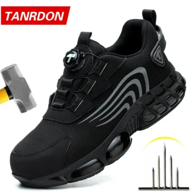 Novo botão rotativo sapatos de segurança para homens, sapatos de trabalho anti-impacto e anti-piercing, calçados esportivos masculinos da moda e segurança pro