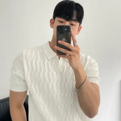 Camisa polo de alta qualidade masculina, blusa de malha fina de meia manga, efeito emagrecedor, estilo coreano, monocromática, moda casual, verão