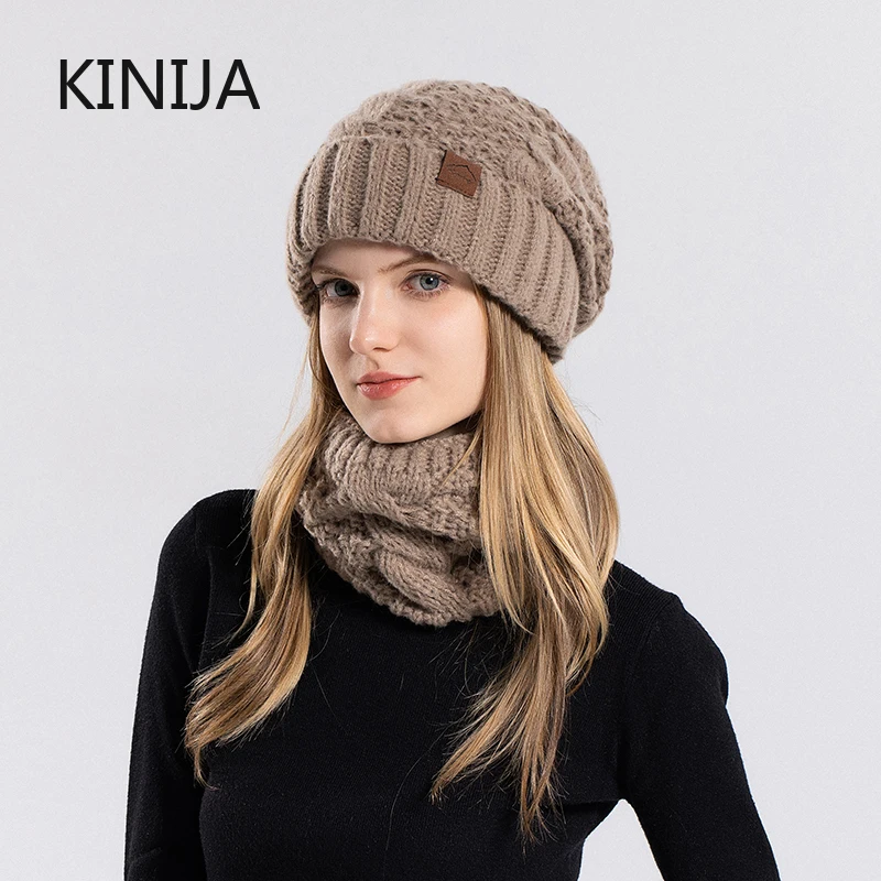 Inverno feminino chapéu de malha cachecol conjunto engrossado forro de lã solidéu ciclismo ao ar livre quente proteção contra vento gorros - Imagem 5