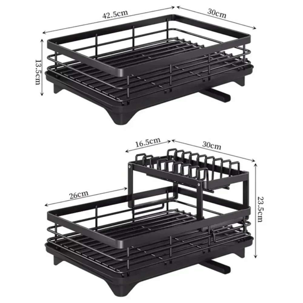 Rack de tigela-escorredor de pratos de 2 camadas, armazenamento ajustável, economizador de espaço, organizador de utensílio de cozinha para pratos, copos, talheres - Imagem 6