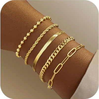 Pulseiras de ouro para mulheres, conjunto de pulseiras de ouro para mulheres, pilha com miçangas, cubana, clipe de papel, cobra, corda, presentes para mulheres