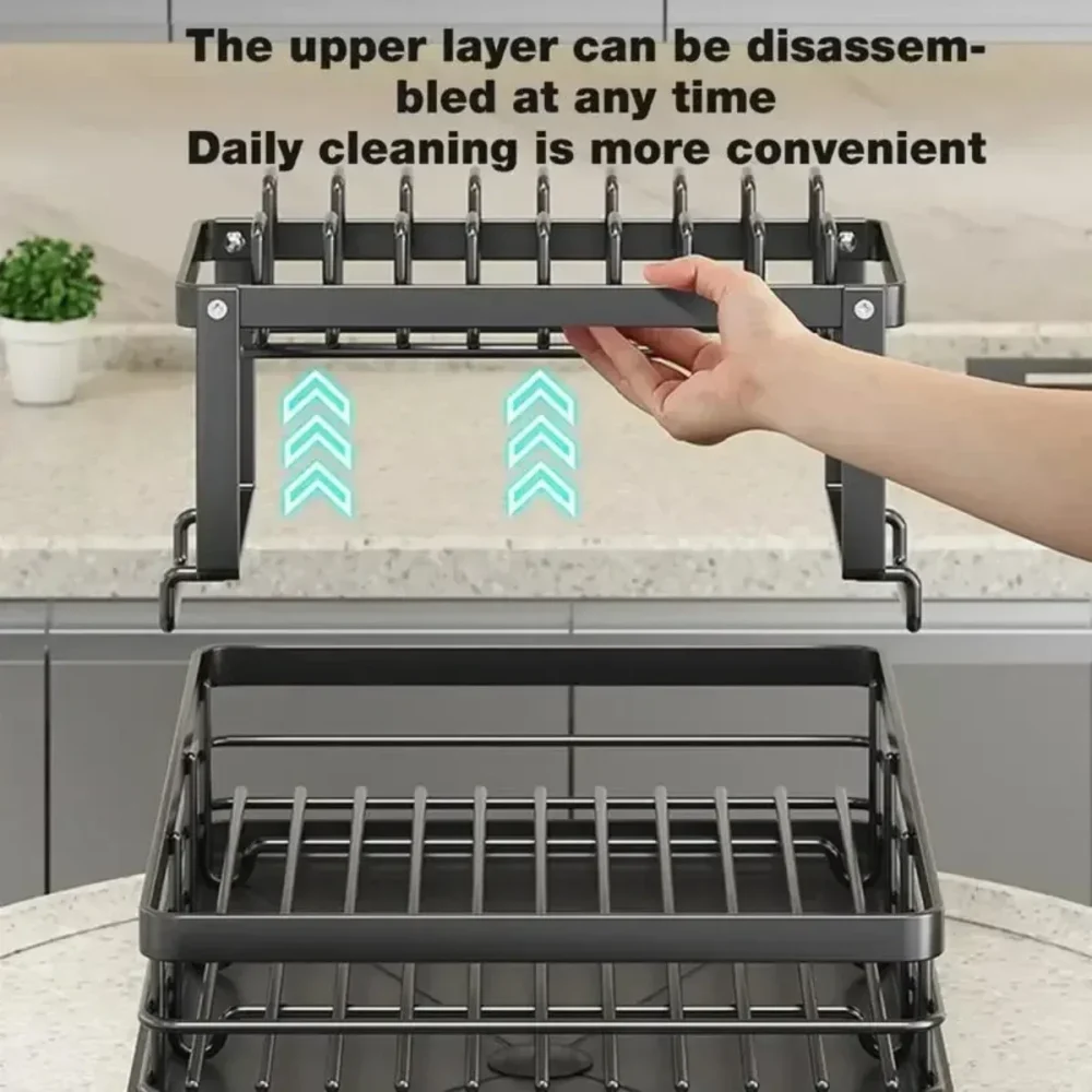 Rack de tigela-escorredor de pratos de 2 camadas, armazenamento ajustável, economizador de espaço, organizador de utensílio de cozinha para pratos, copos, talheres - Imagem 4