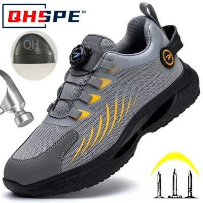 Botão rotativo novos sapatos de segurança homens anti-esmagamento anti-punctura sapatos de trabalho moda masculina sapatos esportivos botas de proteção de segurança