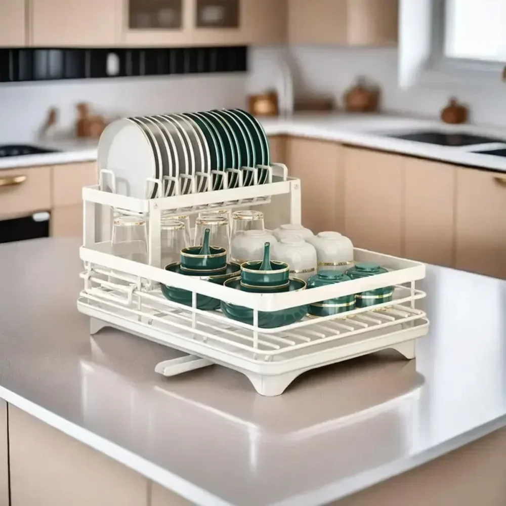 Rack de tigela-escorredor de pratos de 2 camadas, armazenamento ajustável, economizador de espaço, organizador de utensílio de cozinha para pratos, copos, talheres - Imagem 2