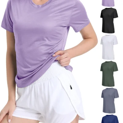 Camiseta esportiva feminina ultraleve de cor sólida de secagem rápida, leve e respirável, camisa de compressão para academia de corrida