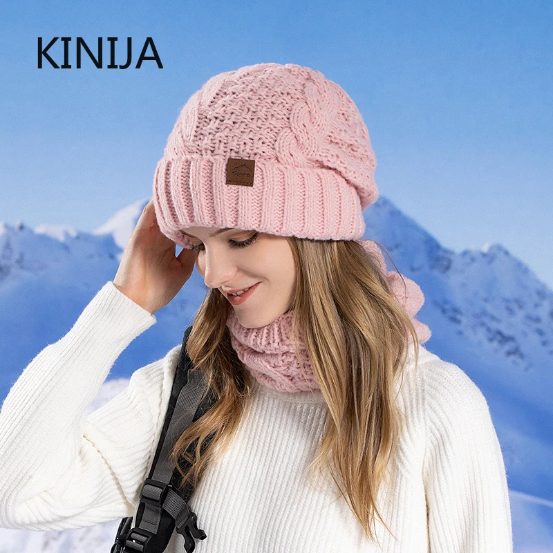 Inverno feminino chapéu de malha cachecol conjunto engrossado forro de lã solidéu ciclismo ao ar livre quente proteção contra vento gorros - Imagem 4