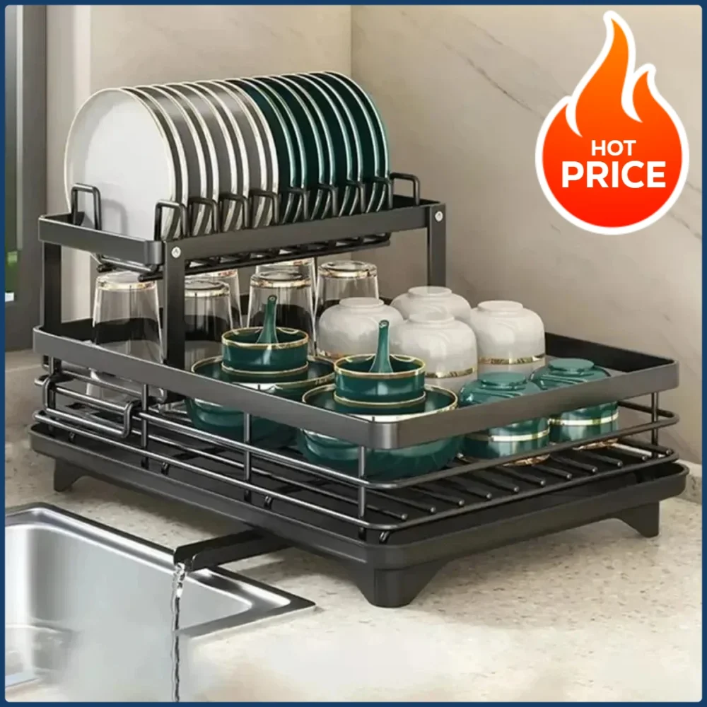 Rack de tigela-escorredor de pratos de 2 camadas, armazenamento ajustável, economizador de espaço, organizador de utensílio de cozinha para pratos, copos, talheres