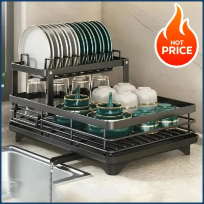 Rack de tigela-escorredor de pratos de 2 camadas, armazenamento ajustável, economizador de espaço, organizador de utensílio de cozinha para pratos, copos, talheres